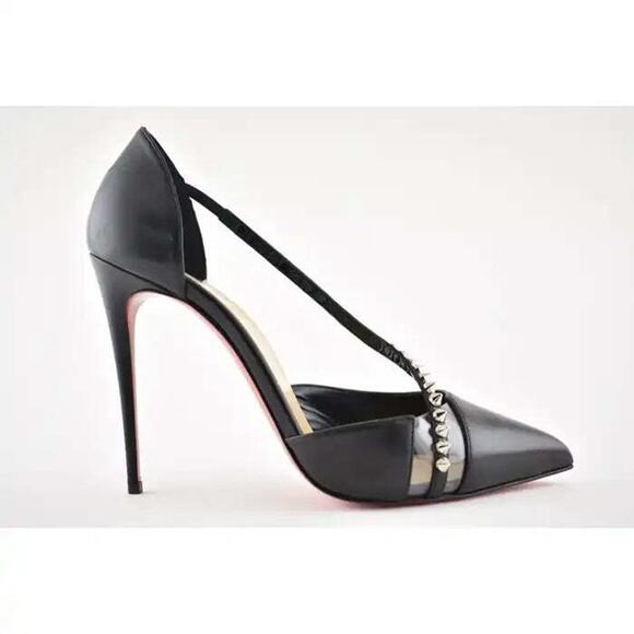 Christian Louboutin Spike Cross 100 Black PVC Silver Criss Strap Heel Pump 35.5 - Picture 2 of 12